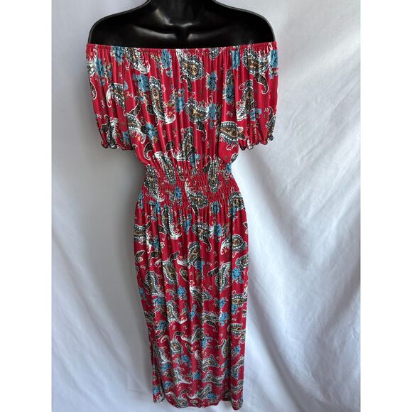 Long Red Paisley Maxi Off Shoulder Dress M/L Romantic Vacation Date Feminine - Picture 5 of 9